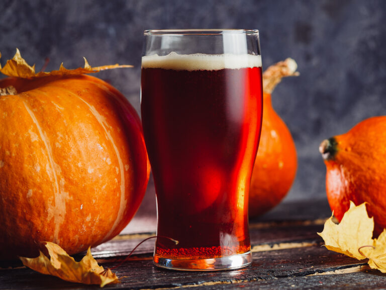 A pint of deep red ale with a thin head beside orange pumpkins and fallen autumn leaves