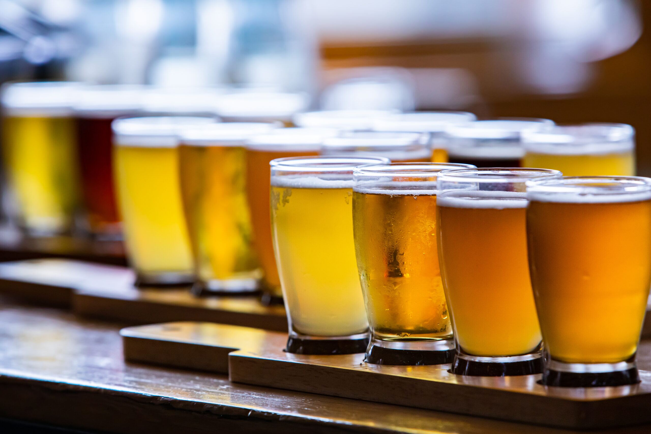 Rows of beer tasting glasses on wooden flight paddles, from pale gold to amber
