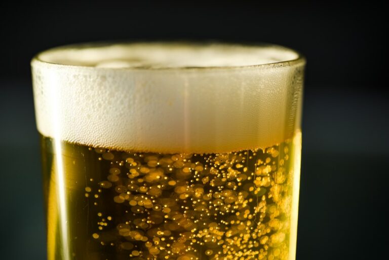 Close-up of a straw-gold, bubbly glass of light beer with a thick white head, the color of a kölsch-style ale