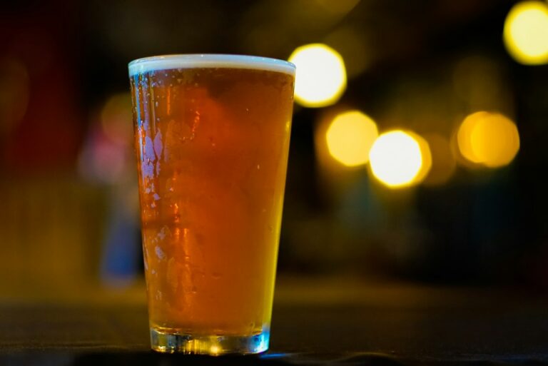 A pint glass of golden IPA with a thin white head on a bar, warm lights blurred behind it