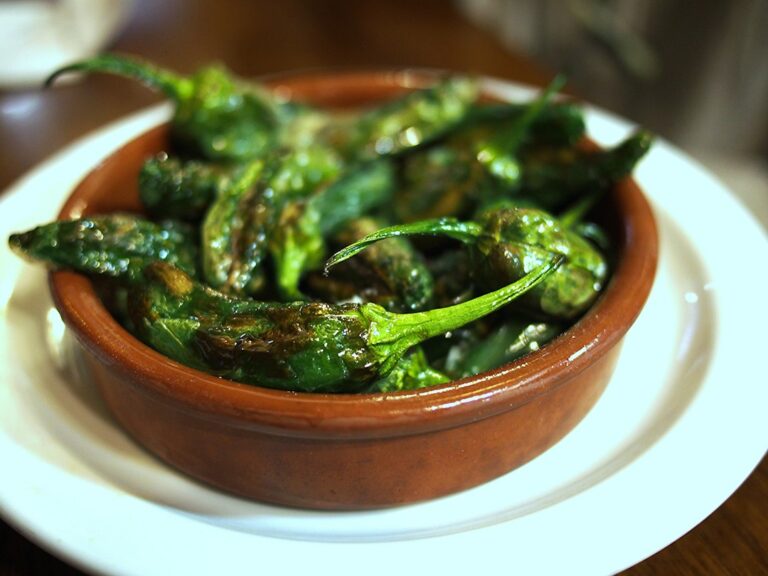 Blistered roasted green peppers in a terracotta dish