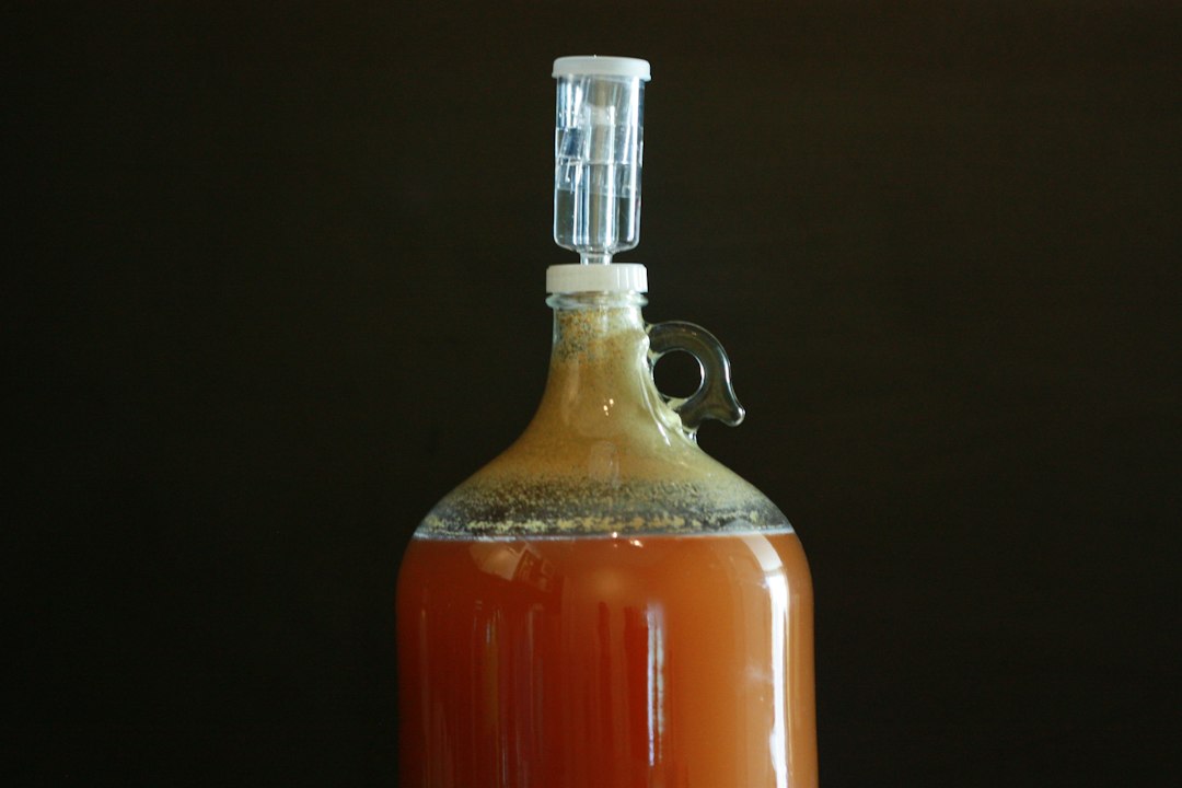 Glass jug of homebrew fermenting under an airlock, with yeast foam near the neck