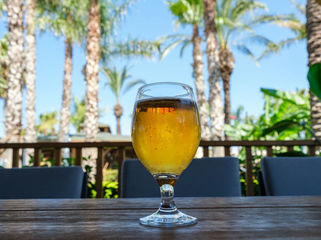 A glass of golden lager on a wooden patio table