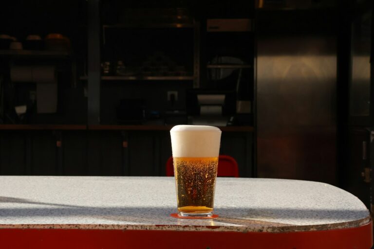 A pint glass of pale golden lager with a thick white head on a sunlit table